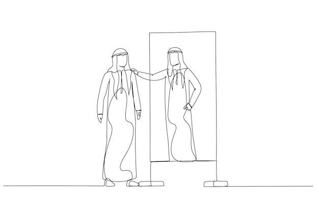 Cartoon of arab man looking into mirror embrace self concept of self esteem self care Single continuous line art style