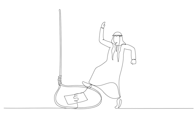 Cartoon of arab man tangled in net trap metaphor of business failure get caught Continuous line art style