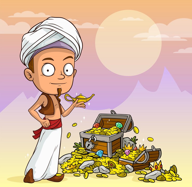 वेक्टर cartoon arabian boy with lamp and treasure chest