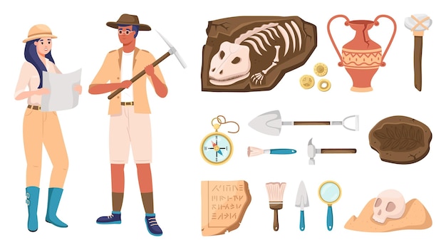 Vector cartoon archeology ancient artifacts and extinct animal fossils archaeologists characters and tools spatulas and compass brushes or spatulas old vases and skull vector excavation elements set