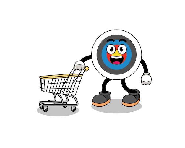 Cartoon of archery target holding a shopping trolley character design