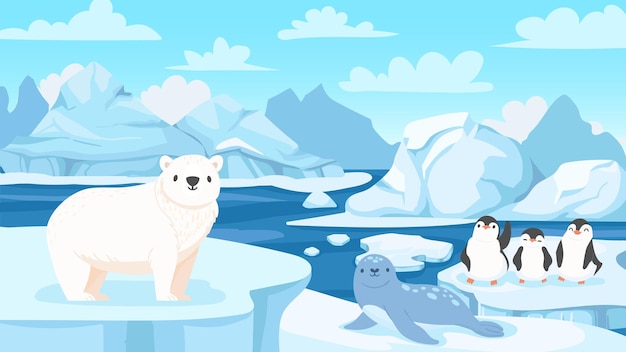 Vector cartoon arctisch landschap met dieren