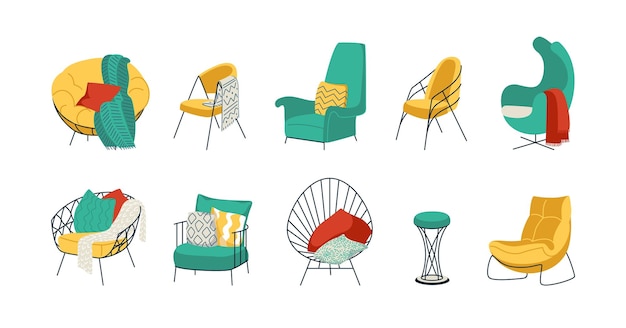 Cartoon armchairs Comfortable home furniture for sitting Cozy lounge chairs or stools Room sofa with pillows and blanket Vector bright green and yellow interior soft elements set