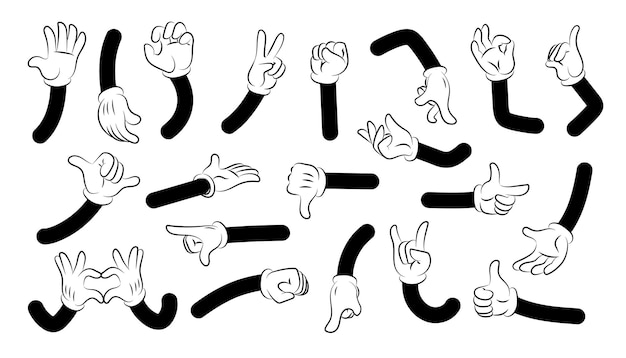 Vector cartoon arms doodle human character hands with white gloves showing simple emotions and gestures cute clipart expression collection isolated body part templates vector limbs palms and fists set