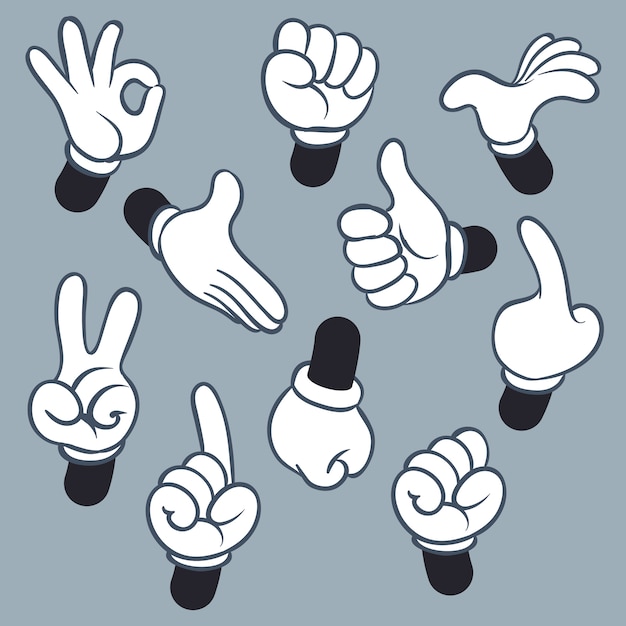 Cartoon arms. Various hands with different gesture, doodle gloved pointing hands, human point arm. Vintage illustration set