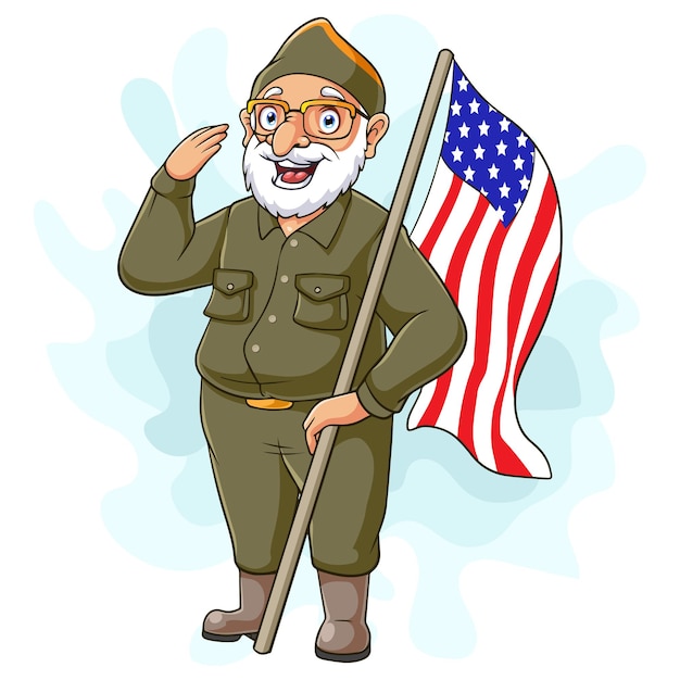 Cartoon army soldier saluting on white background