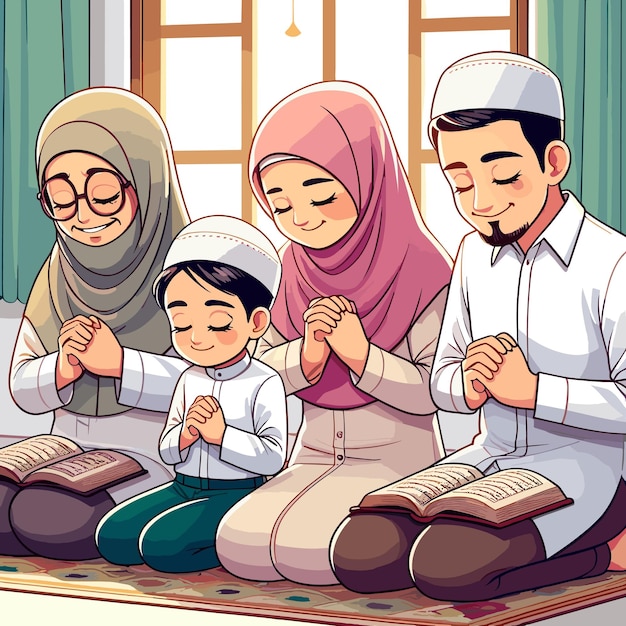 A cartoon art Islamic family praying togather