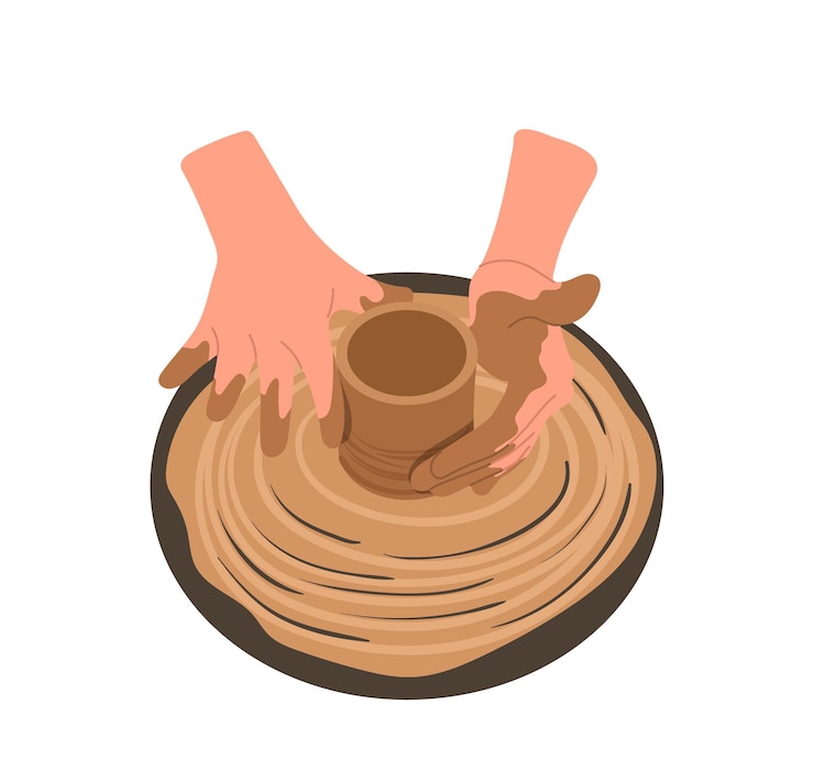 Vector cartoon artisan hands shaping traditional clayware at pottery class isolated on white background