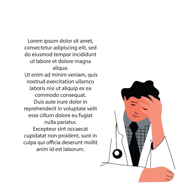 Cartoon arts in een witte jas met een stethoscoop denkt dat de handgetekende jonge mannelijke arts moe was De medisch werker was overwerkt Vectorillustratie op een afgelegen witte achtergrond