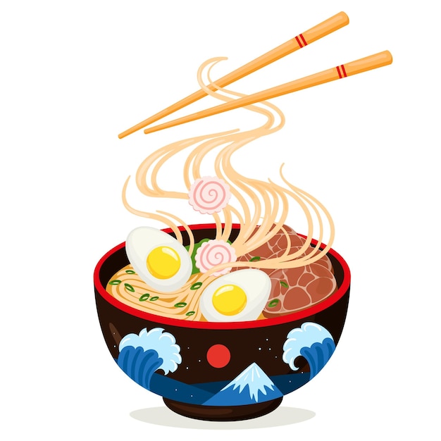 漫画のアジア料理おいしいラーメン丼。伝統的な日本料理、魚、卵、海藻、肉のベクトルイラストとおいしいスープ。アジアンラーメンスープ