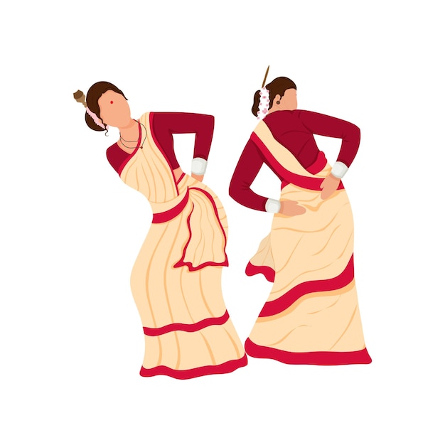 Cartoon assamese women doing bihu or folk dance on white background.