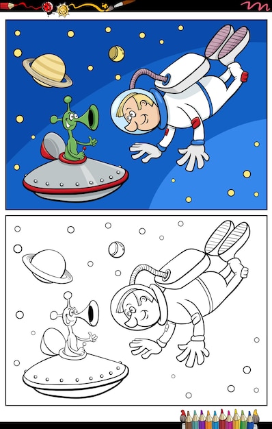 漫画の宇宙飛行士とエイリアンのキャラクターの本のページを着色