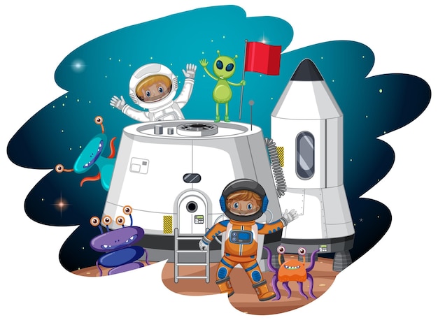 Cartoon astronaut and aliens on planet in cartoon style