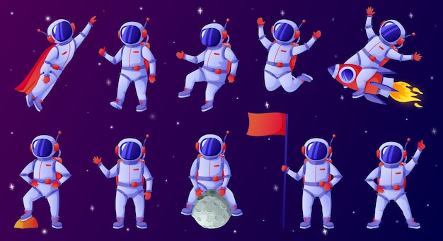 Cartoon astronaut cosmonaut waving hand holding flag dancing sitting on moon riding rocket