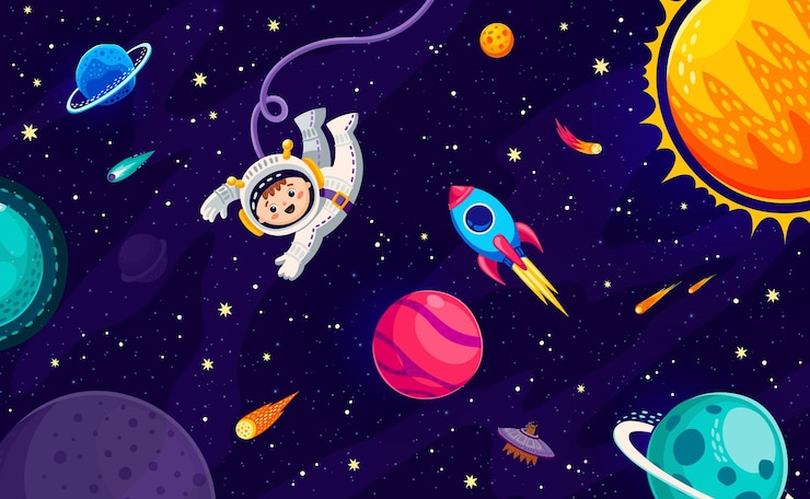 Vector cartoon astronaut in de ruimte bij planeten