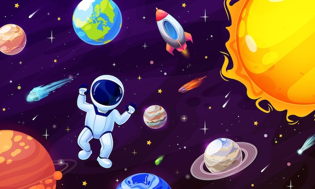 Cartoon astronaut karakter ruimte planeet en ster