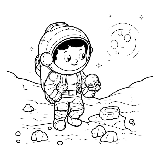 Vector cartoon astronaut on the moon coloring book for children