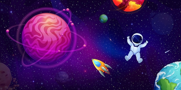 Cartoon astronaut in outer space in starry galaxy