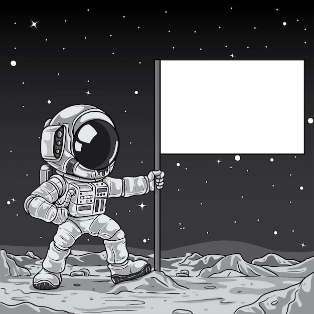 Cartoon astronaut raising flag on the moon