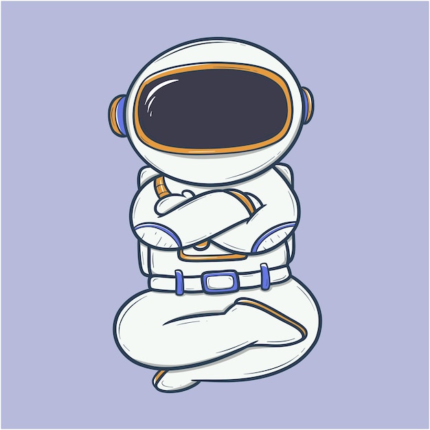 Vettore astronauta dei cartoni animati seduto con le braccia incrociate