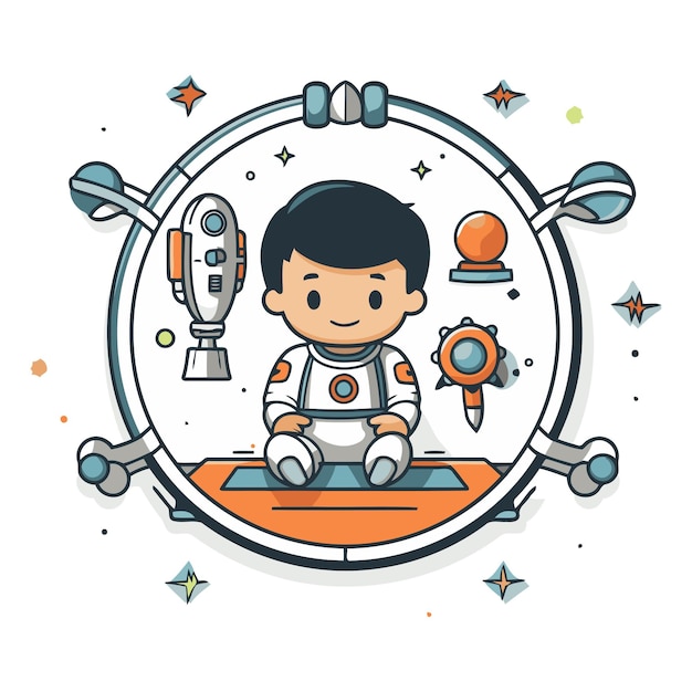 Vector cartoon astronaut van een jongen die ruimte spelletjes speelt