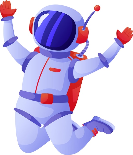 赤と青のアクセントで鮮やかなスペーススーツを着た漫画の宇宙飛行士が腕を上げて喜びにジャンプし宇宙の広大さで成功したミッションを祝っています