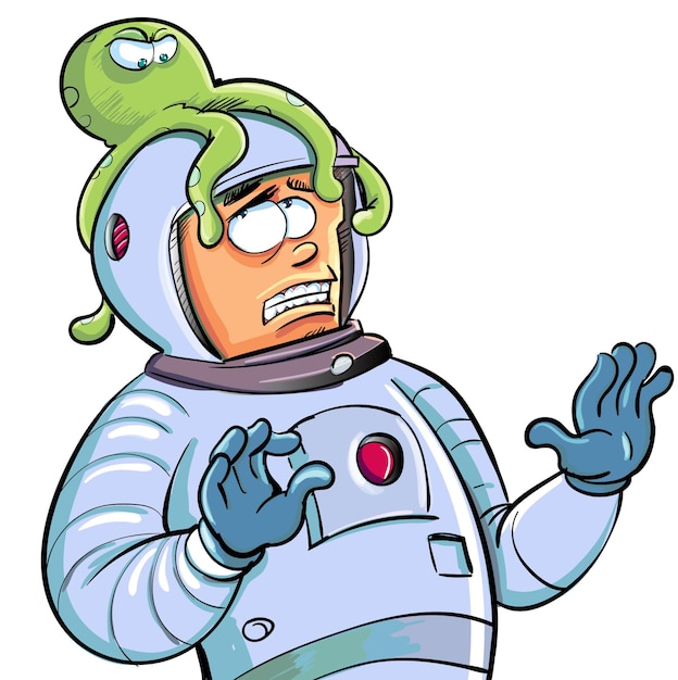 Cartoon astronaut with a alien on his head He is surprised