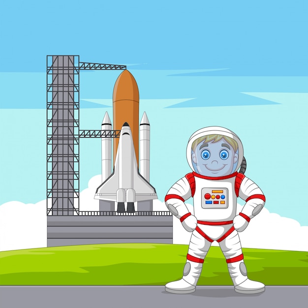 Cartoon astronaut with spaceship ready to launch