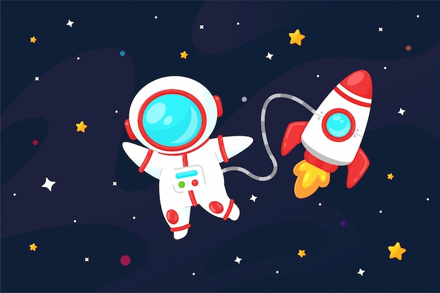 Cartoon astronaut with a spaceship on a sparkling starry space background.