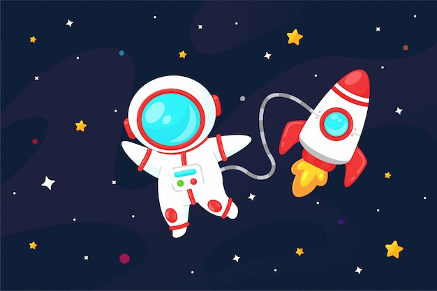  cartoon astronaut with a spaceship on a sparkling starry space background.