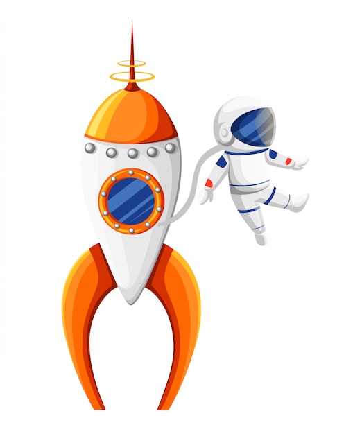 Мультяшный космонавт в скафандре возле ракеты в оранжево-белом космическом корабле в невесомости на белом фоне страницы веб-сайта и мобильного приложения