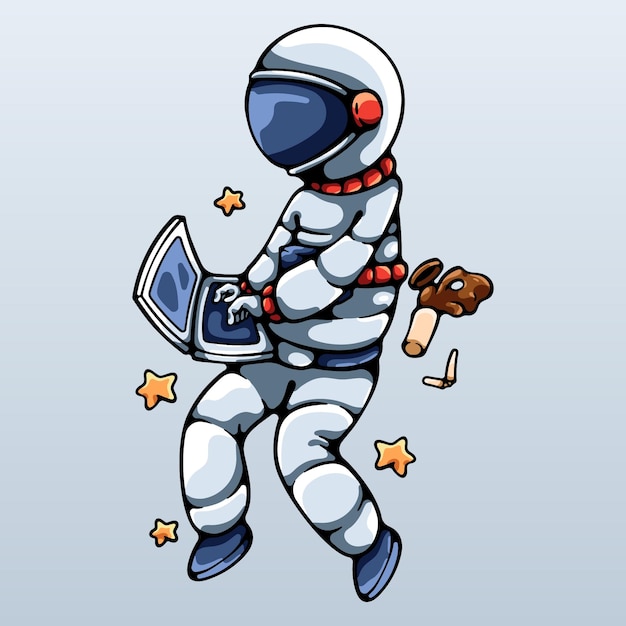 Astronauta del fumetto che lavora al computer portatile