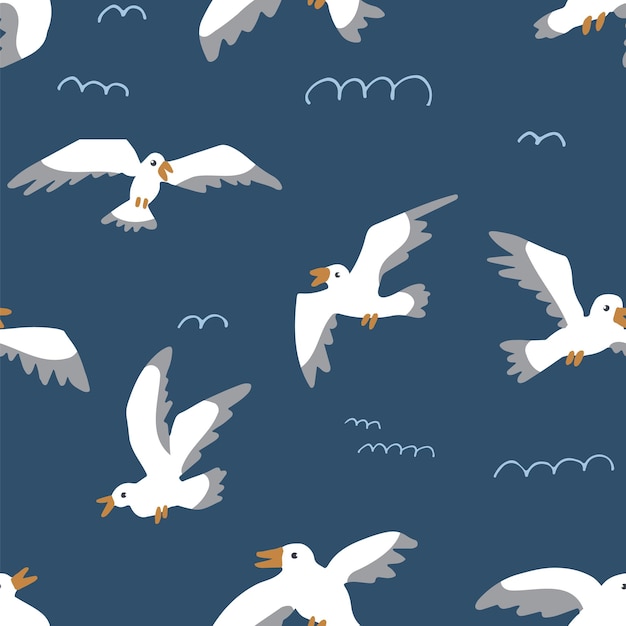 Cartoon atlantic seabird seagulls flying vector doodle seamless pattern