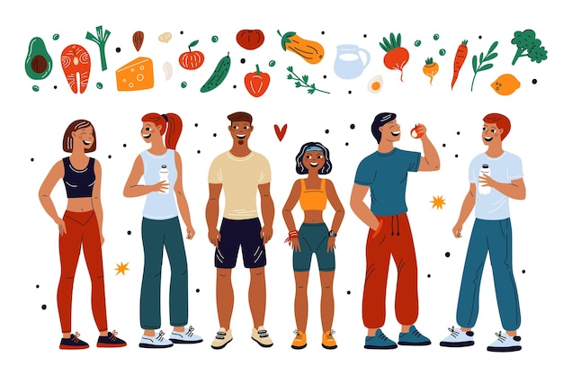 Vector cartoon atletische mensen dieetvoeding slanke gelukkige karakters gezonde voeding groenten en fruit getinte personen sportfiguren avocado en zalm slanke lichamen fitness eten opzichtige vectorset