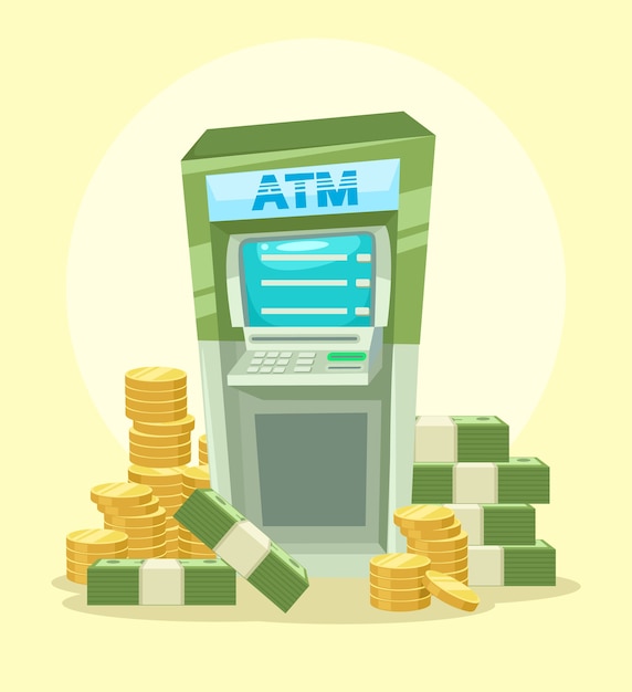 Vector cartoon atm machine with money. flat illustration icon