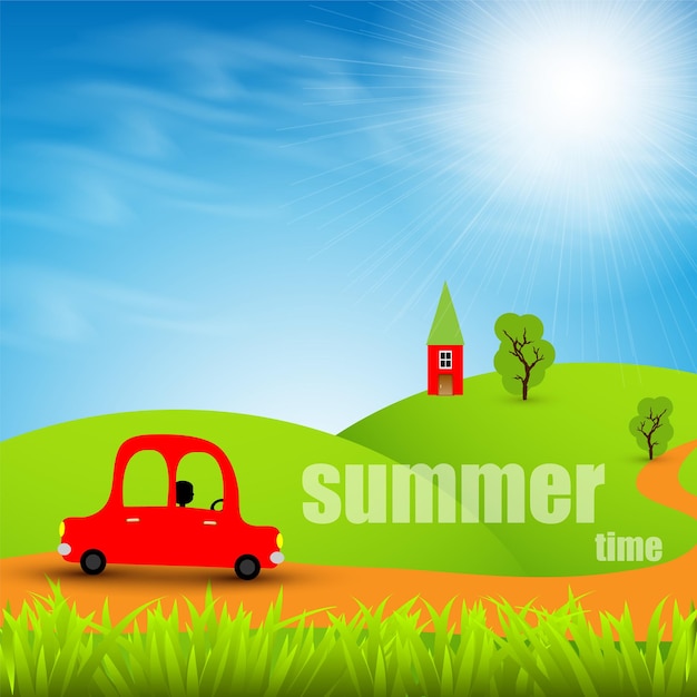 Cartoon auto op een achtergrond zomer landschap