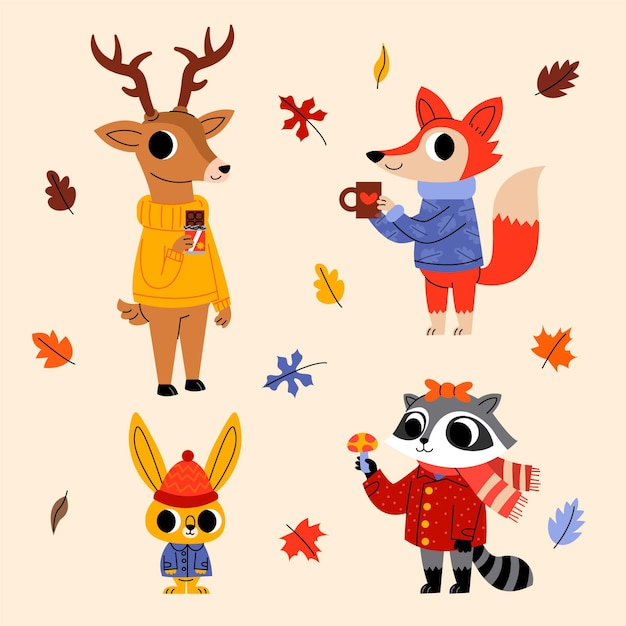 Vector cartoon autumn animals collection