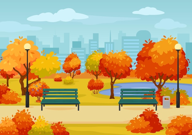 Мультяшный осенний городской парк на улице со скамейками, деревьями и кустами, осенний сезон на открытом воздухе, векторное изображение