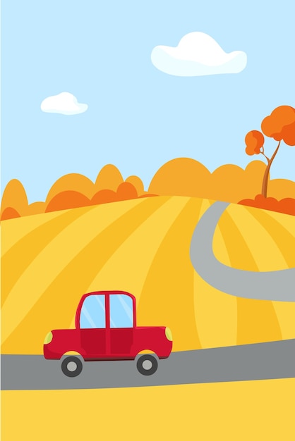 Cartoon autumn landscape. the car is driving on a yellow field.