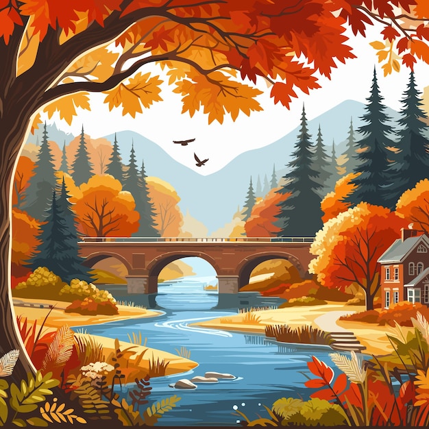 cartoon autumn landscape with bridge and river vector illustration