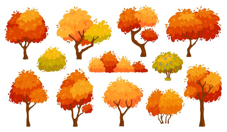 Vector cartoon autumn trees and bushes yellow forest plants with red foliage and leaves vector set