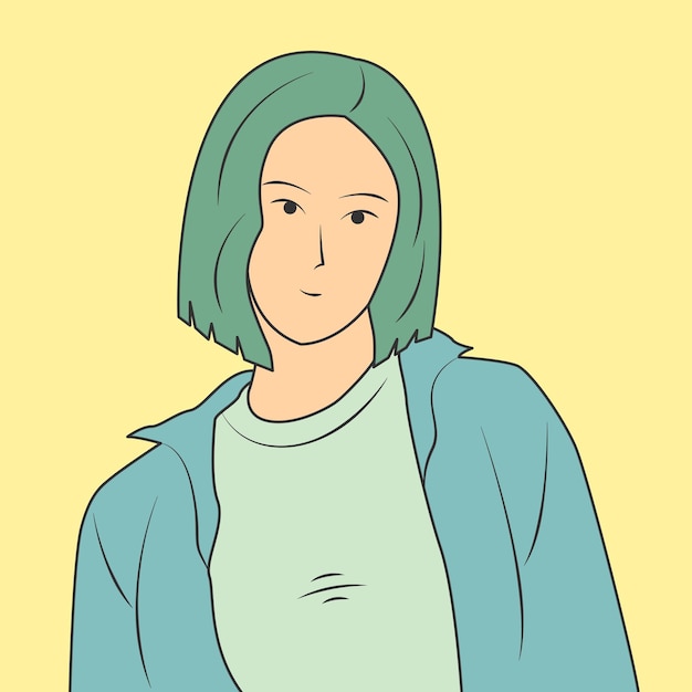 Cartoon avatar of cute young women with green hair and casual clothes