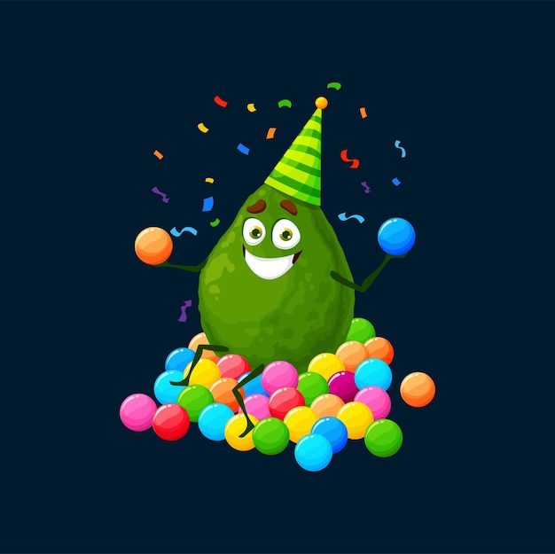 Cartoon avocado character on holiday party Happy cheerful fruit wear holiday hat having fun at birthday or anniversary celebration with colorful balls and falling confetti Healthy food personage