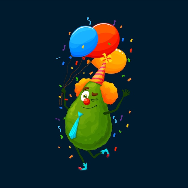 Cartoon avocado personage op een feestje vol vrolijkheid Vector clown gezond eten personage met een feestelijke hoed spelen en dansen met kleurrijke ballonnen en confetti vieren verjaardag verjaardag