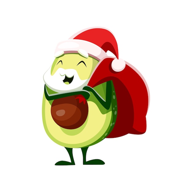 Cartoon avocado Santa character with gifts bag ready to bring joy and laughter to the xmas holiday season Isolated vector christmas vegetable personage with beard and sack full of presents