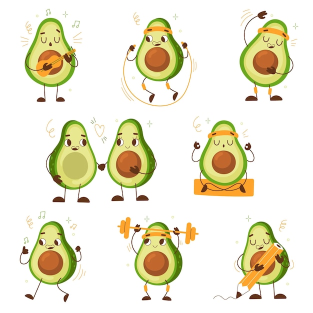 Cartoon avocado Sport and daily activity healthy cute characters with jump rope exercises with barbell hold pencil funny fruit mascot workout playing guitar walking couple vector set