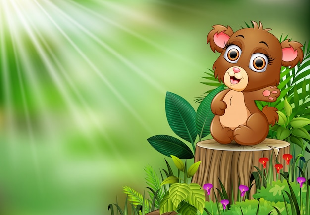 Cartoon of baby bear sitting on tree stump with green leaves and flowering plant