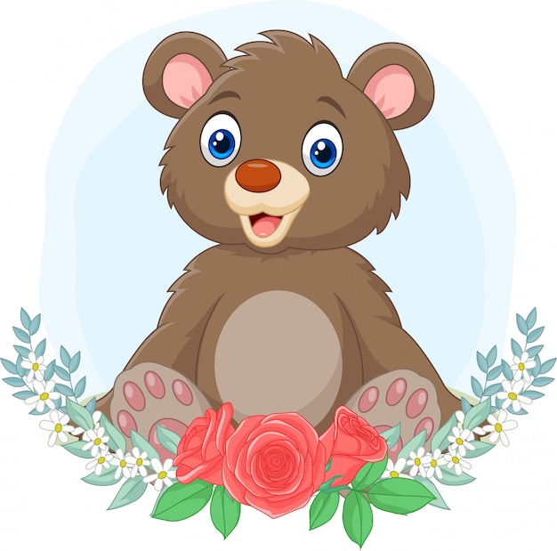 cartoon baby bear sitting with flowers background