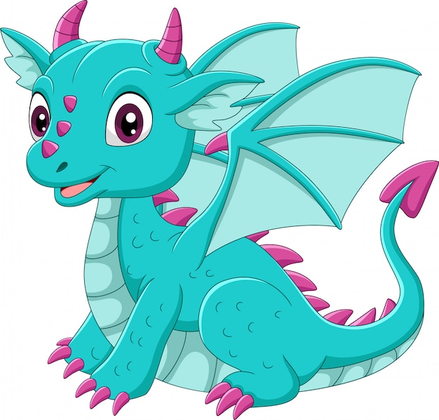 Vector cartoon baby blue dragon sitting