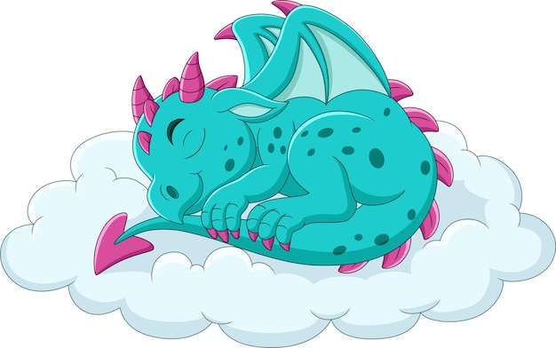 Vector cartoon baby blue dragon sleeping on a cloud